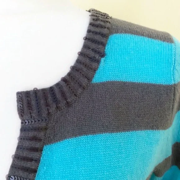 Autumn Cashmere 100% Stripe Beaded Long Sleeve Tunic Sweater Turquoise Gray - Picture 3 of 10